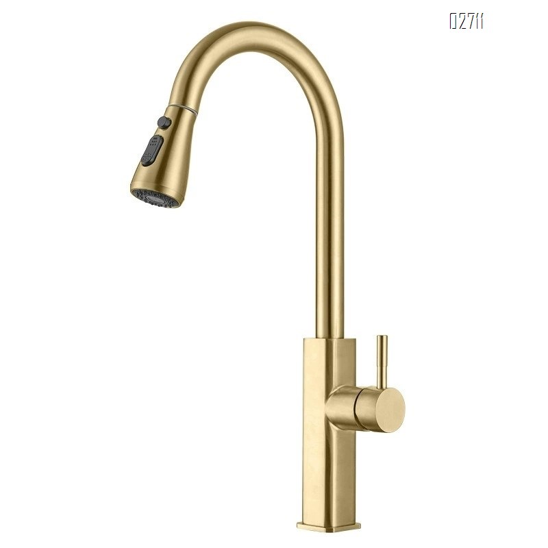 Burshed Gold Gun Grey Kitchen pull-out faucet 304 stainless steel pull-out cold and hot water faucet