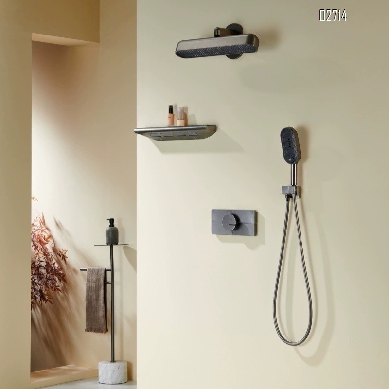 Brass concealed hot-melt shower set with gunmetal gray embedded wall-mounted temperature control pressure-increasing pre-embedded shower