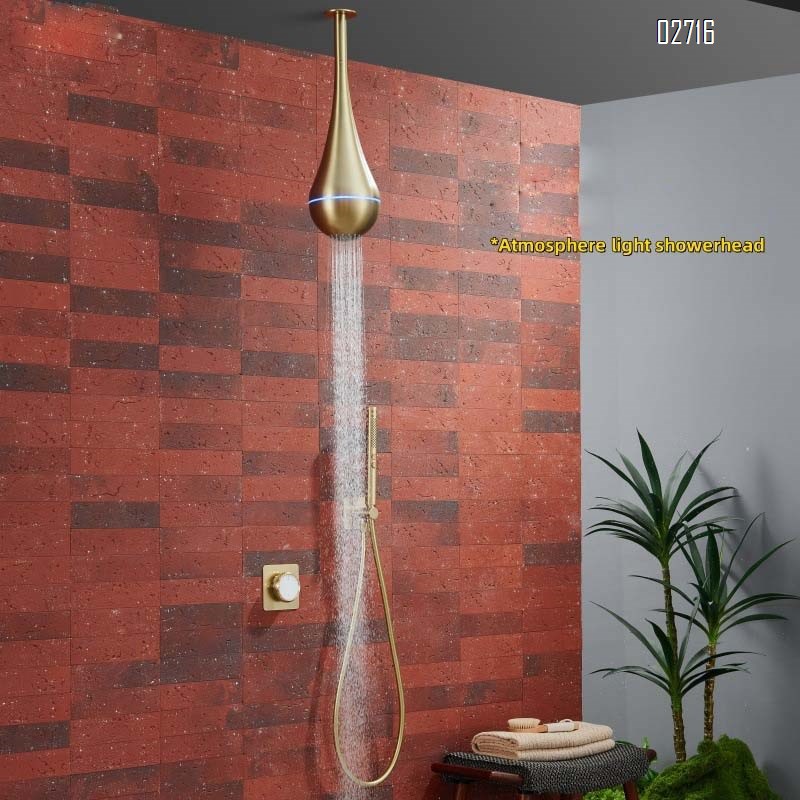 Brass Home Engineering new model brushed gold recessed water droplet ceiling shower set in-wall atmosphere light shower set