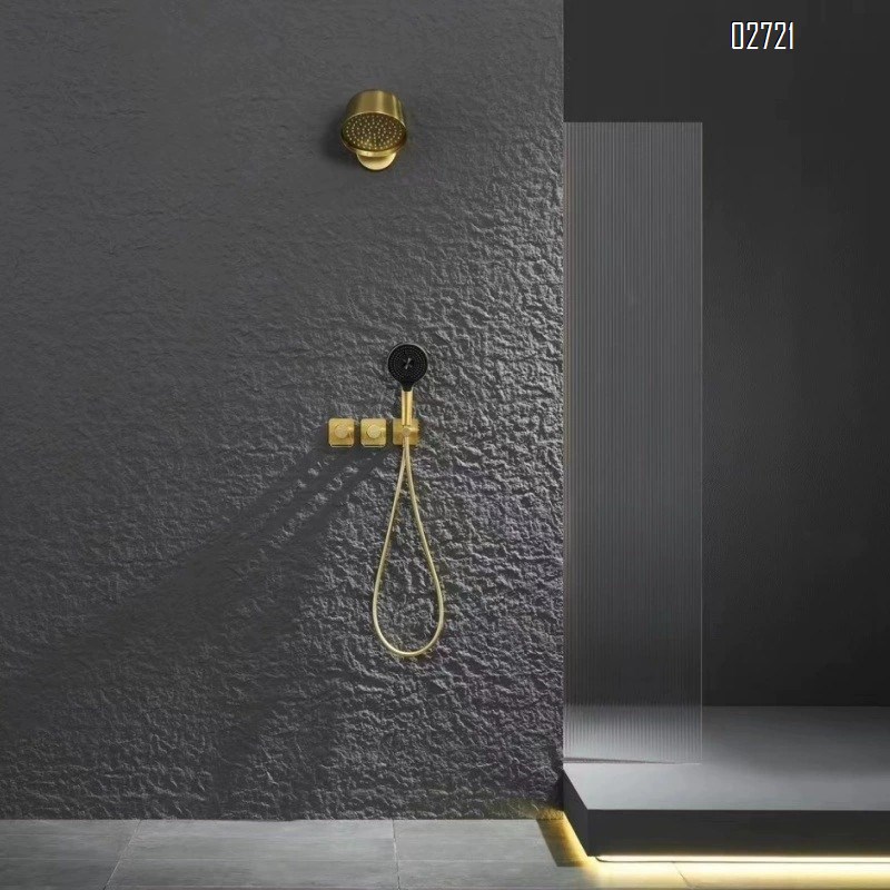 Creative minimalist all-Brass brushed gold concealed wall-mounted shower set with cold and hot ceiling spray