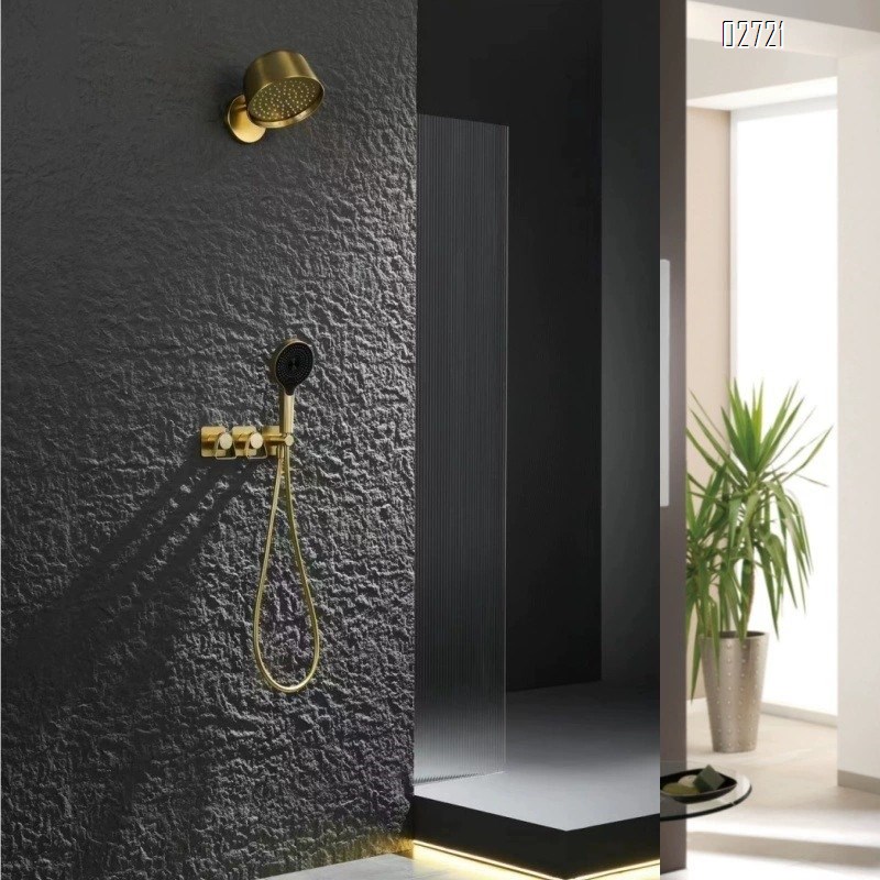 Creative minimalist all-Brass brushed gold concealed wall-mounted shower set with cold and hot ceiling spray