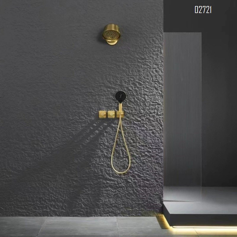 Creative minimalist all-Brass brushed gold concealed wall-mounted shower set with cold and hot ceiling spray