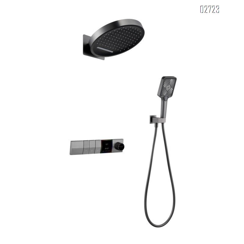 Gunmetal gray full Brass concealed waterfall shower with thermoplastic digital display built-in temperature-controlled and pressure-boosting shower