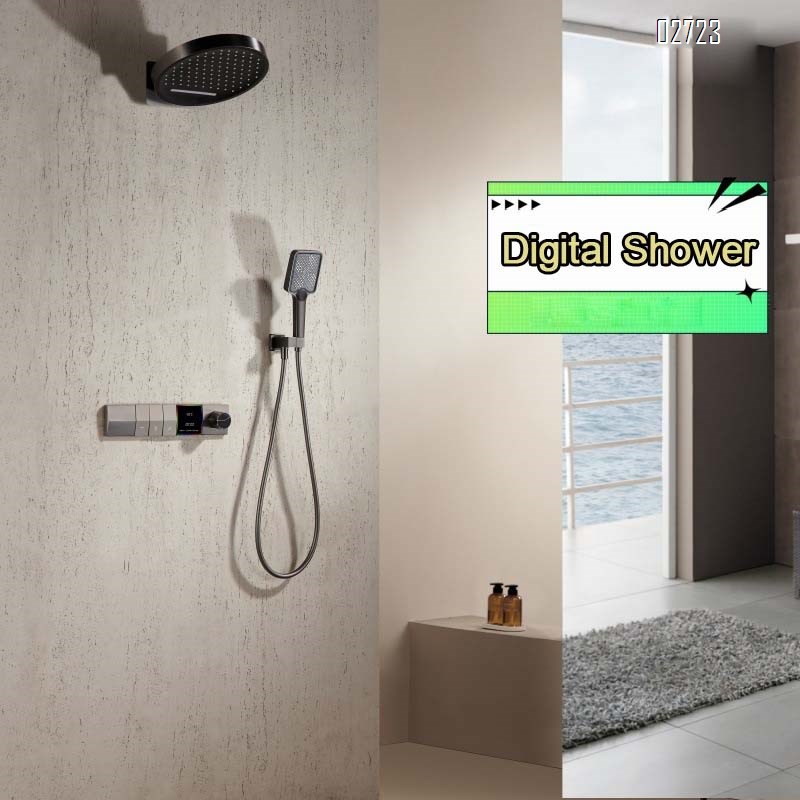 Gunmetal gray full Brass concealed waterfall shower with thermoplastic digital display built-in temperature-controlled and pressure-boosting shower