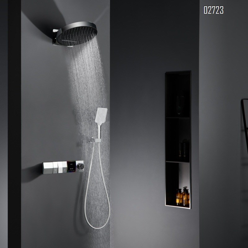 Gunmetal gray full Brass concealed waterfall shower with thermoplastic digital display built-in temperature-controlled and pressure-boosting shower