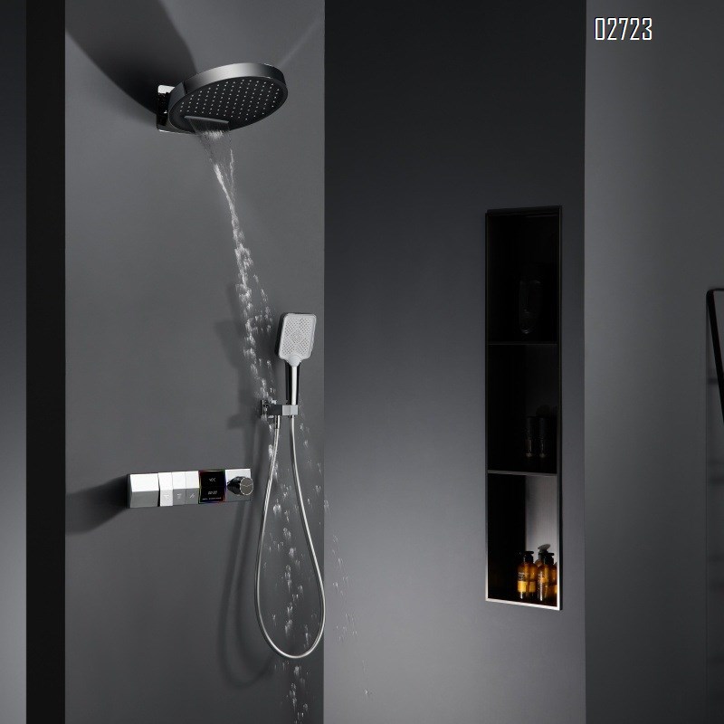 Gunmetal gray full Brass concealed waterfall shower with thermoplastic digital display built-in temperature-controlled and pressure-boosting shower