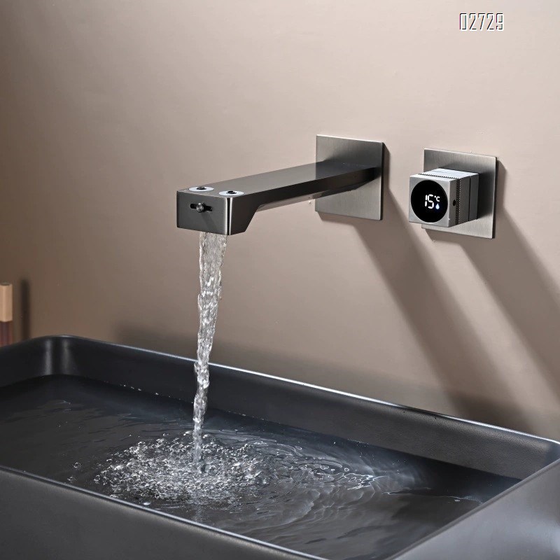 Cream-colored concealed wall-mounted digital faucet with built-in display hidden surface-mounted sink faucet
