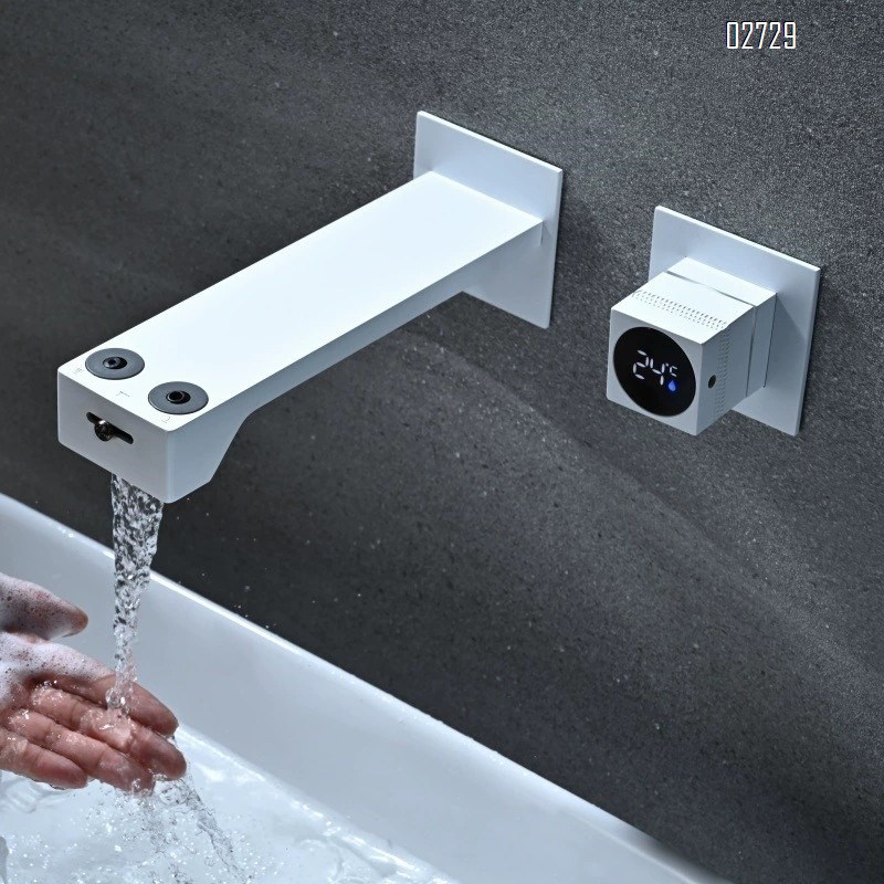 Cream-colored concealed wall-mounted digital faucet with built-in display hidden surface-mounted sink faucet