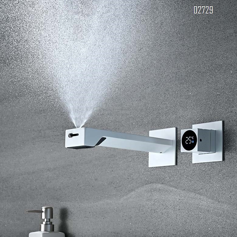 Cream-colored concealed wall-mounted digital faucet with built-in display hidden surface-mounted sink faucet