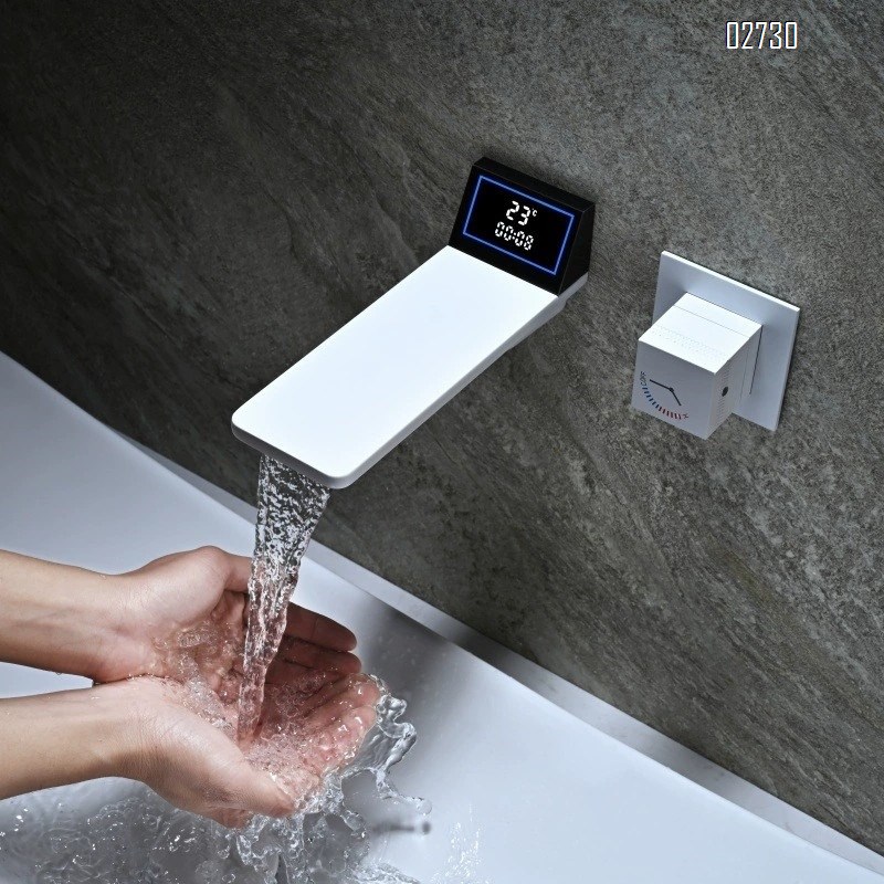 White wall-mounted basin faucet all Brass digital display concealed hot melt pre-embedded cold and hot wall water outlet faucet