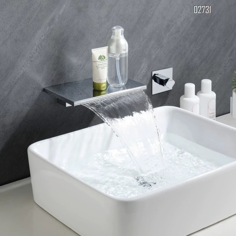 All Brass Chrome Modern Bathroom Gunmetal gray embedded washbasin waterfall  cold and hot watere wall-mounted basin faucet