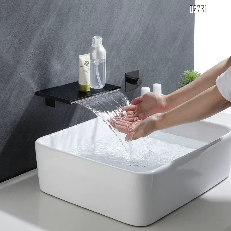 All Brass Chrome Modern Bathroom Gunmetal gray embedded washbasin waterfall  cold and hot watere wall-mounted basin faucet