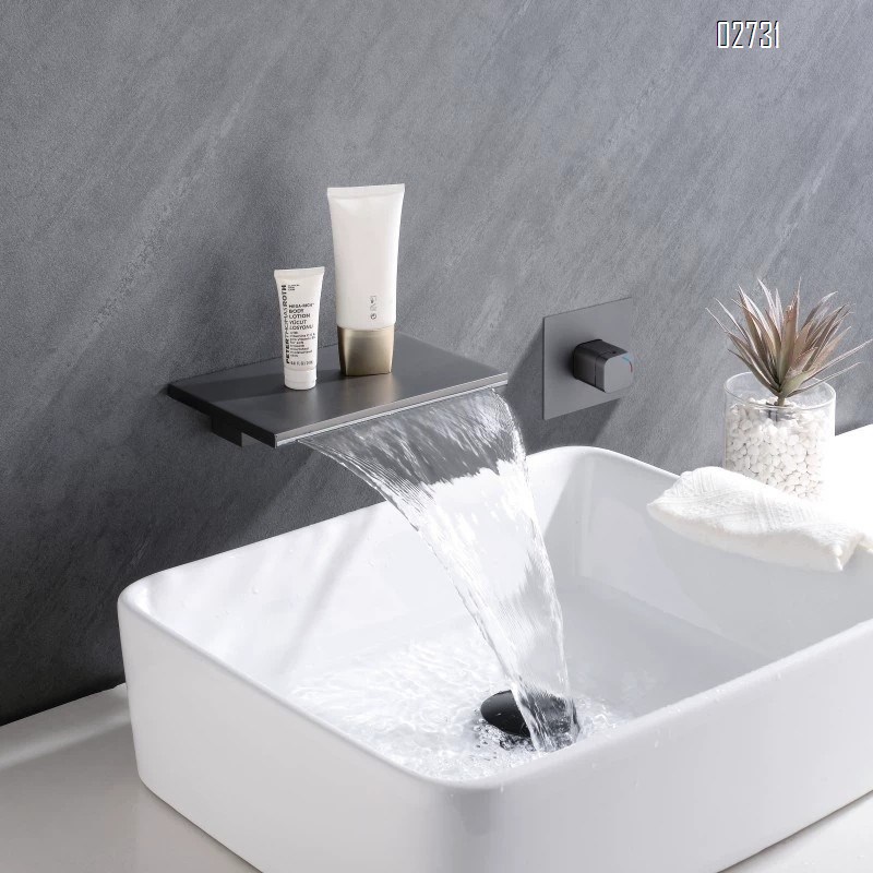 All Brass Chrome Modern Bathroom Gunmetal gray embedded washbasin waterfall  cold and hot watere wall-mounted basin faucet