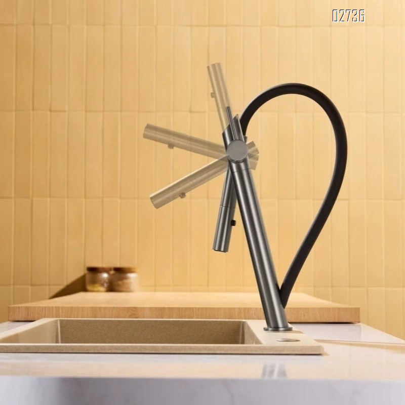 Luxury Brass gunmetal gray pull-down kitchen faucet with swivel multi-functional cold and hot water tap for sink and vegetable wash faucet