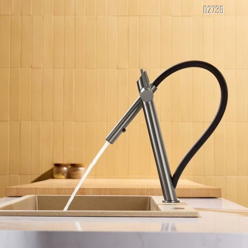 Luxury Brass gunmetal gray pull-down kitchen faucet with swivel multi-functional cold and hot water tap for sink and vegetable wash faucet