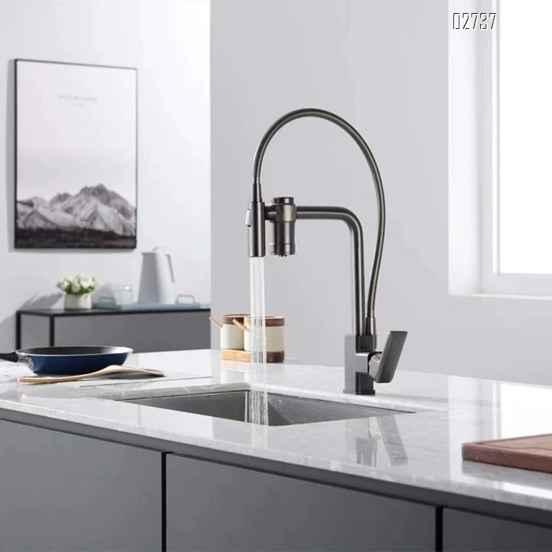 All-Brass three-in-one kitchen pull-down faucet water filter multi-directional rotating magnetic suction cold and hot water faucet