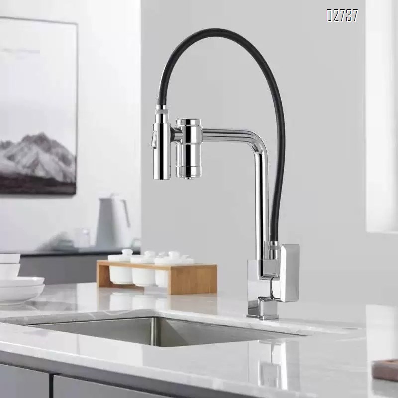 All-Brass three-in-one kitchen pull-down faucet water filter multi-directional rotating magnetic suction cold and hot water faucet