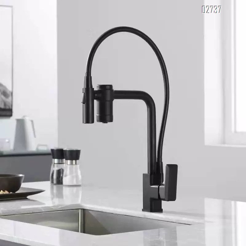 All-Brass three-in-one kitchen pull-down faucet water filter multi-directional rotating magnetic suction cold and hot water faucet