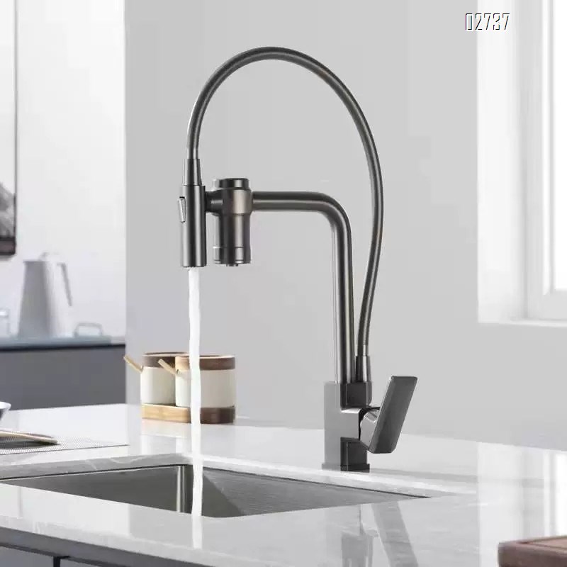 All-Brass three-in-one kitchen pull-down faucet water filter multi-directional rotating magnetic suction cold and hot water faucet