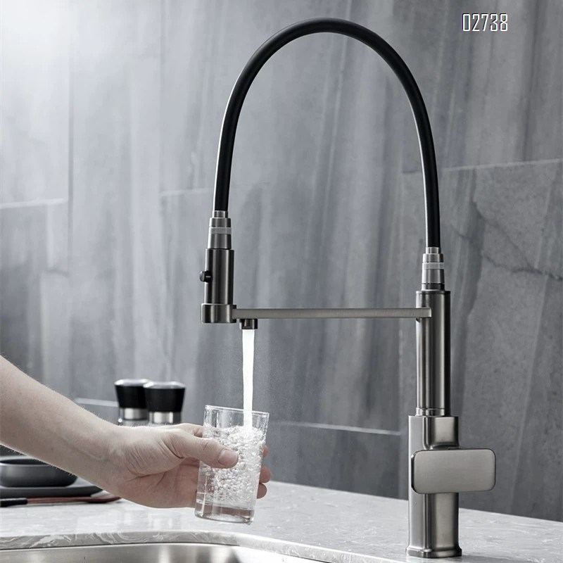 Kitchen three-in-one gunmetal gray Brass cold and hot water faucet outward rotating pull-down rotatable drinking water faucet