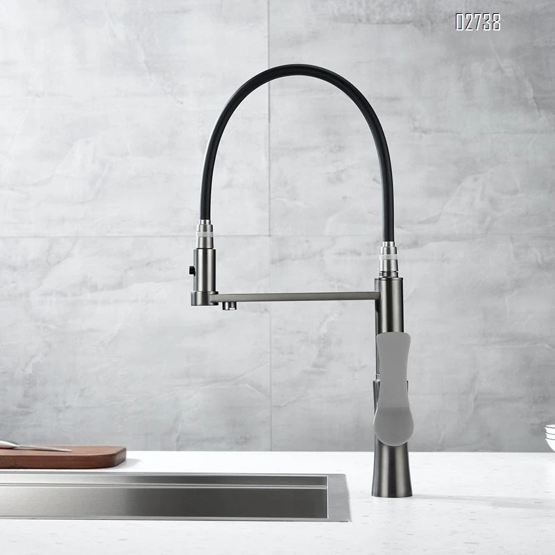 Kitchen three-in-one gunmetal gray Brass cold and hot water faucet outward rotating pull-down rotatable drinking water faucet