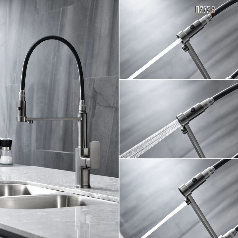 Kitchen three-in-one gunmetal gray Brass cold and hot water faucet outward rotating pull-down rotatable drinking water faucet
