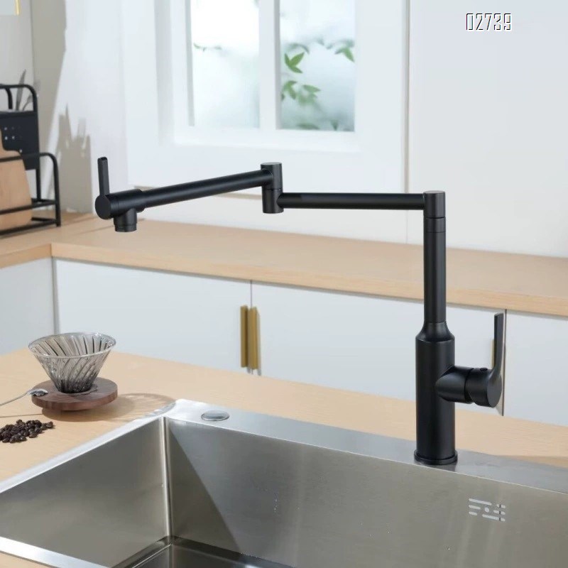 Double-switch all-Brass kitchen faucet with cold and hot water extendable and rotatable sink faucet for washing vegetables