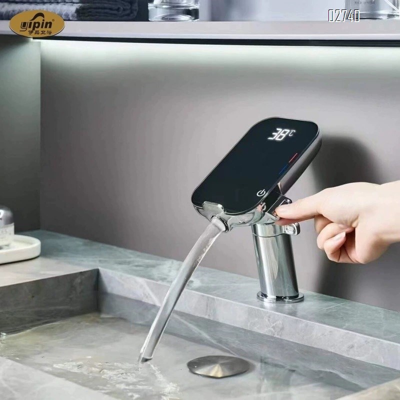 Bathroom gunmetal gray digital display basin faucet cold and hot water wash basin bathroom cabinet storage shelf faucet splash-proof