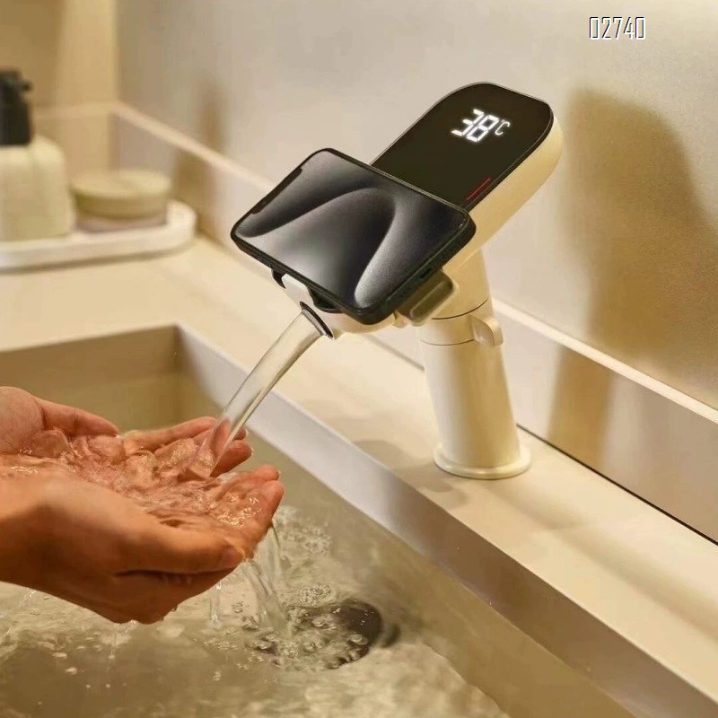 Bathroom gunmetal gray digital display basin faucet cold and hot water wash basin bathroom cabinet storage shelf faucet splash-proof