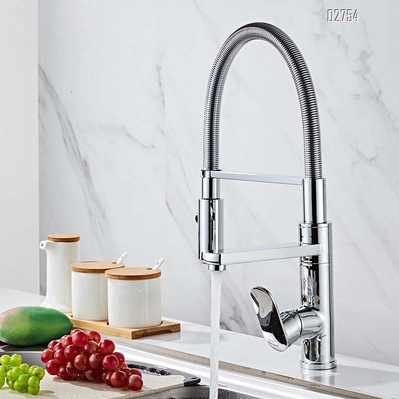 Brass kitchen faucet with chrome plating cold and hot water spring pull-down water tap water purifier multifunction water tap