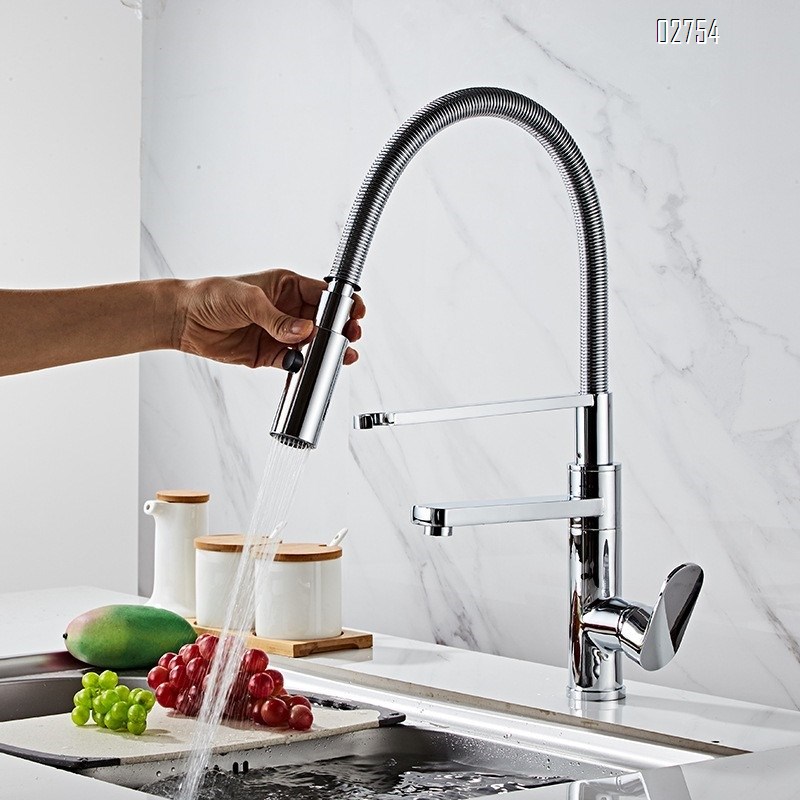 Brass kitchen faucet with chrome plating cold and hot water spring pull-down water tap water purifier multifunction water tap