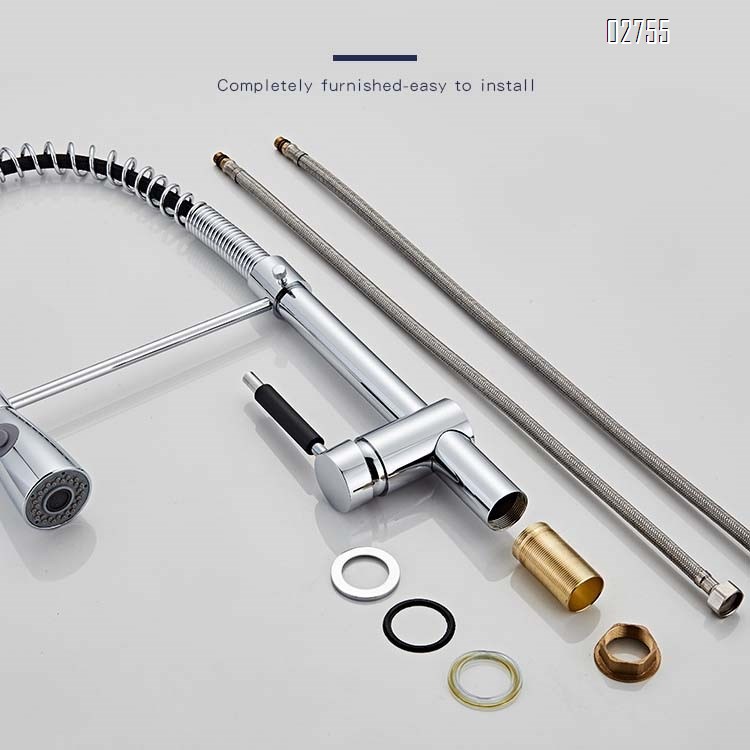 Brass faucet with spring pull-down chrome-plated kitchen faucet for cold and hot water in the sink