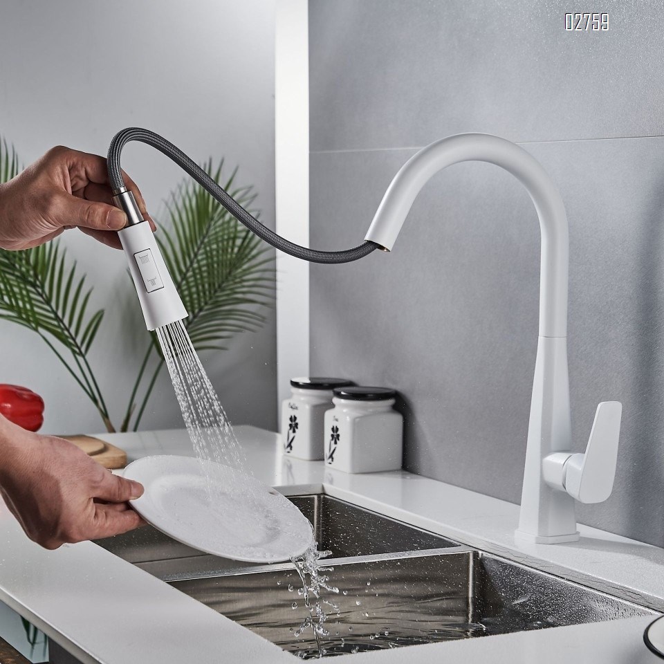 Brass White  pull-out kitchen faucet with Single Hole and handle cold hot mixed tap for washing dishes Deck mounted kitchen faucet