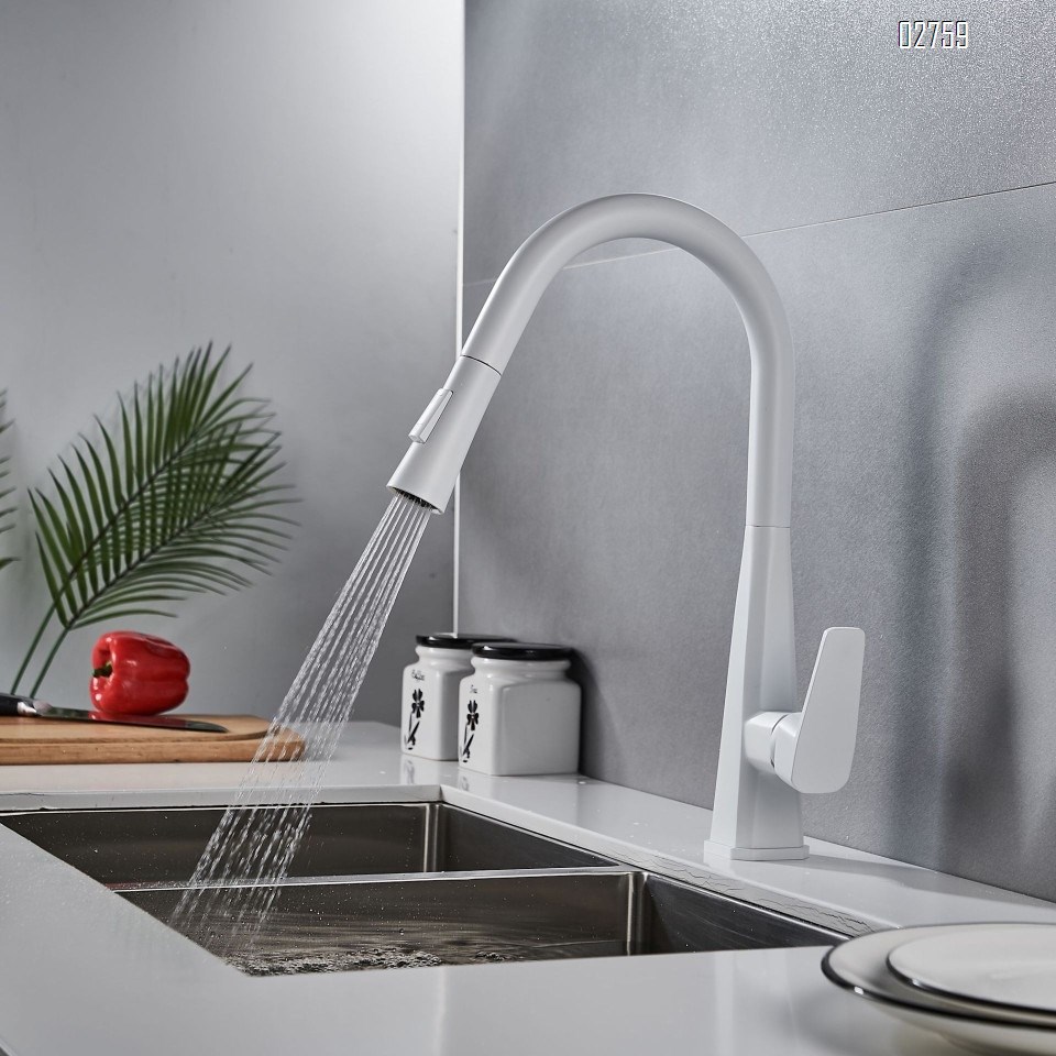 Brass White  pull-out kitchen faucet with Single Hole and handle cold hot mixed tap for washing dishes Deck mounted kitchen faucet