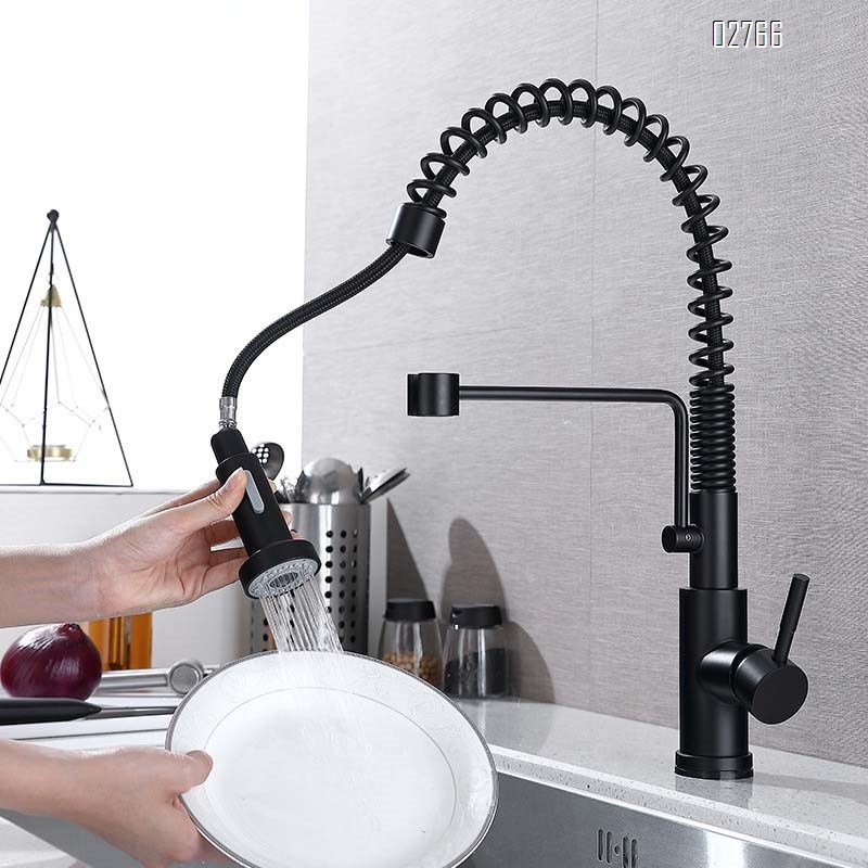 Spring pull-down kitchen faucet cold and hot water sink wash dishes rotating double outlet multi-directional anti-splash faucet