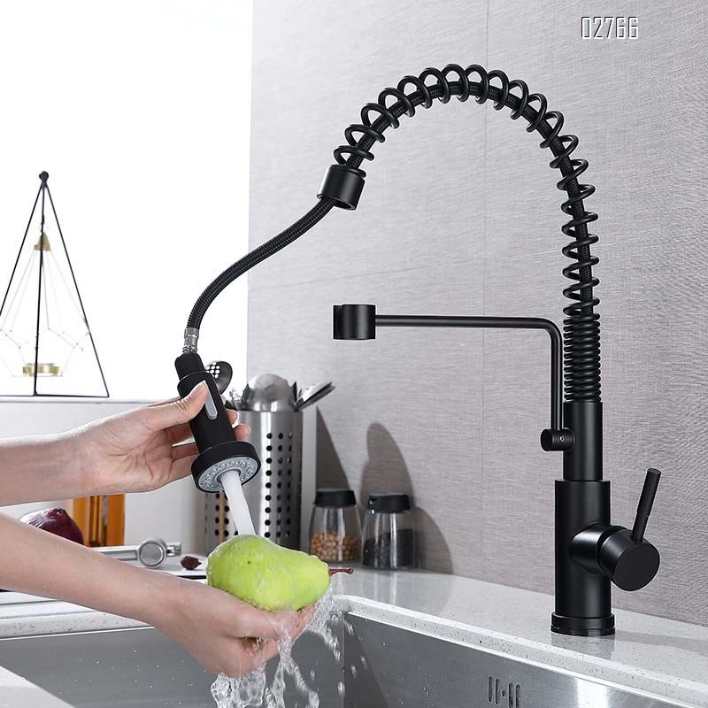Spring pull-down kitchen faucet cold and hot water sink wash dishes rotating double outlet multi-directional anti-splash faucet
