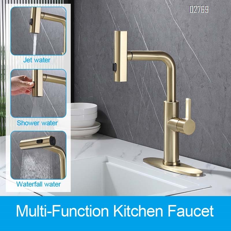 Rain Spray Stainless Steel Pull-out Waterfall Kitchen Faucet Rotating Kitchen Hot and Cold Water Tap for single handle
