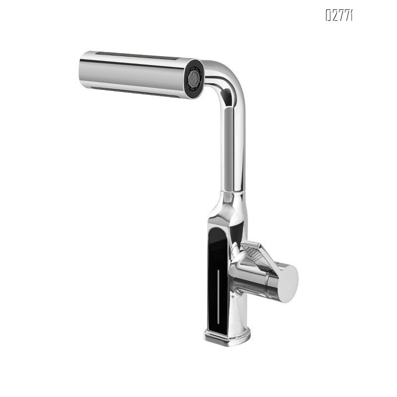 Kitchen faucet with anti-splash digital display fully Brass cold and hot pull-out extendable and rotatable wash basin water tank