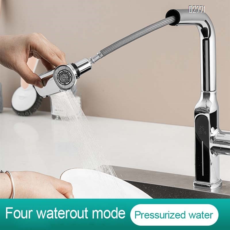 Kitchen faucet with anti-splash digital display fully Brass cold and hot pull-out extendable and rotatable wash basin water tank