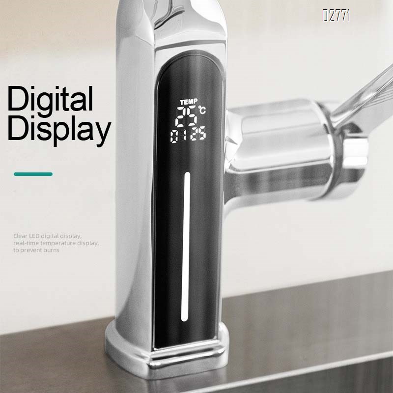 Kitchen faucet with anti-splash digital display fully Brass cold and hot pull-out extendable and rotatable wash basin water tank