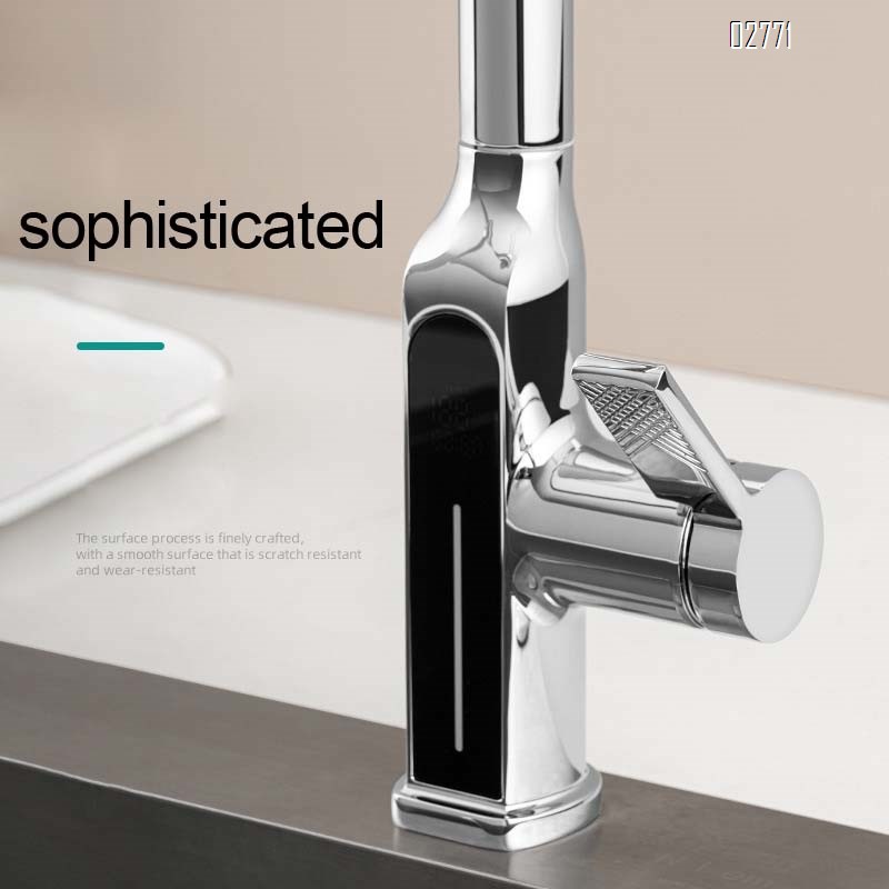 Kitchen faucet with anti-splash digital display fully Brass cold and hot pull-out extendable and rotatable wash basin water tank