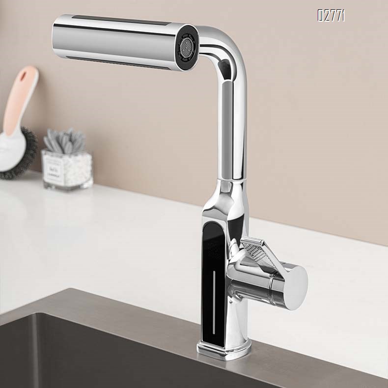 Kitchen faucet with anti-splash digital display fully Brass cold and hot pull-out extendable and rotatable wash basin water tank