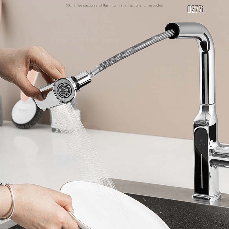 Kitchen faucet with anti-splash digital display fully Brass cold and hot pull-out extendable and rotatable wash basin water tank