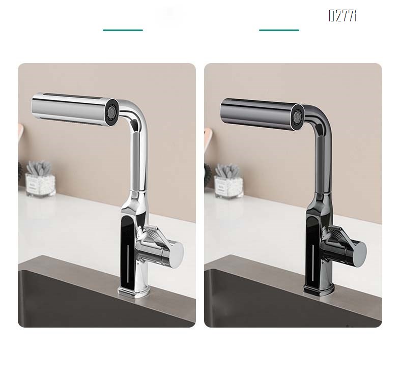 Kitchen faucet with anti-splash digital display fully Brass cold and hot pull-out extendable and rotatable wash basin water tank