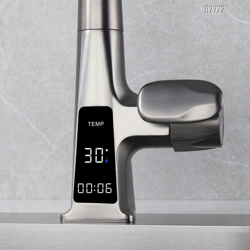 Digital display rain shower kitchen pull-out faucet gun grey cold and hot water mixed kitchen faucet