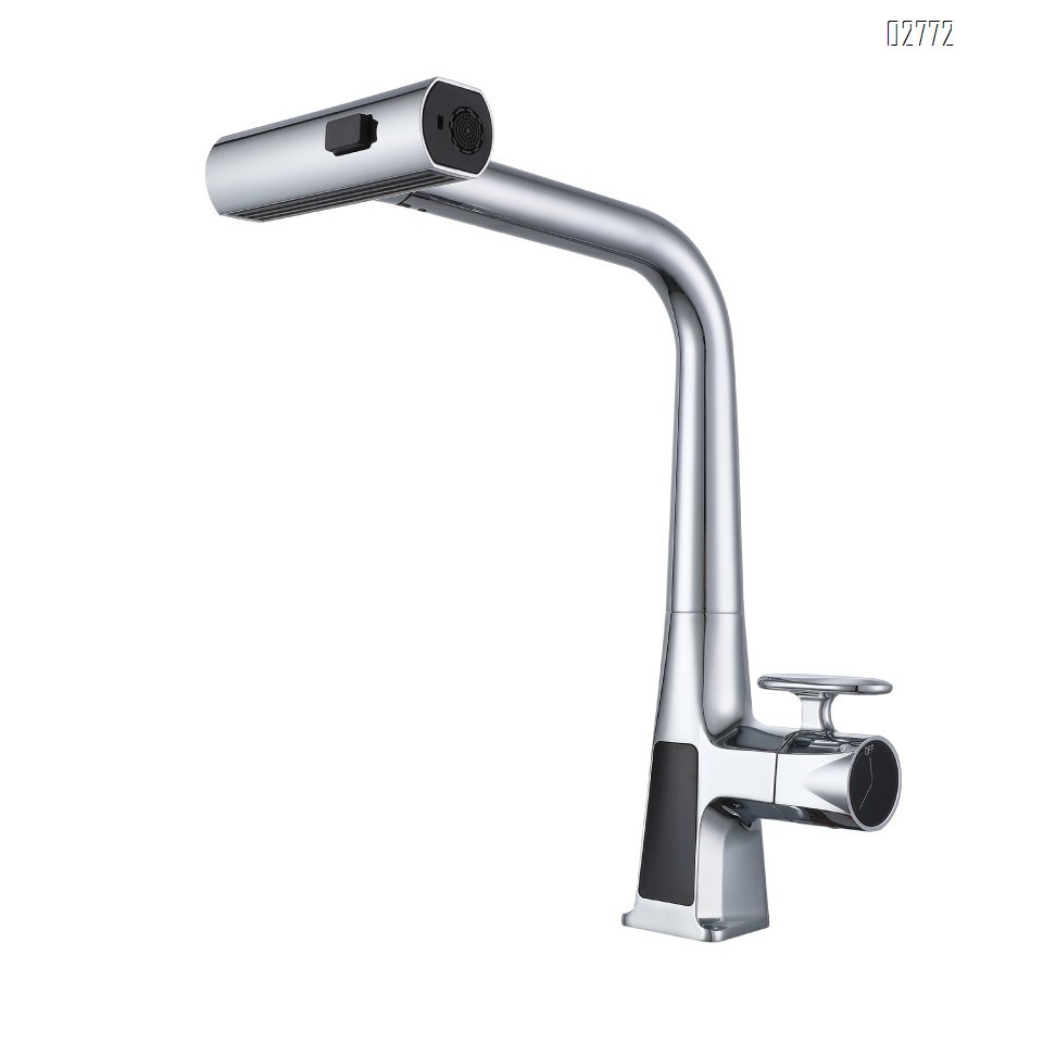 Digital display rain shower kitchen pull-out faucet gun grey cold and hot water mixed kitchen faucet