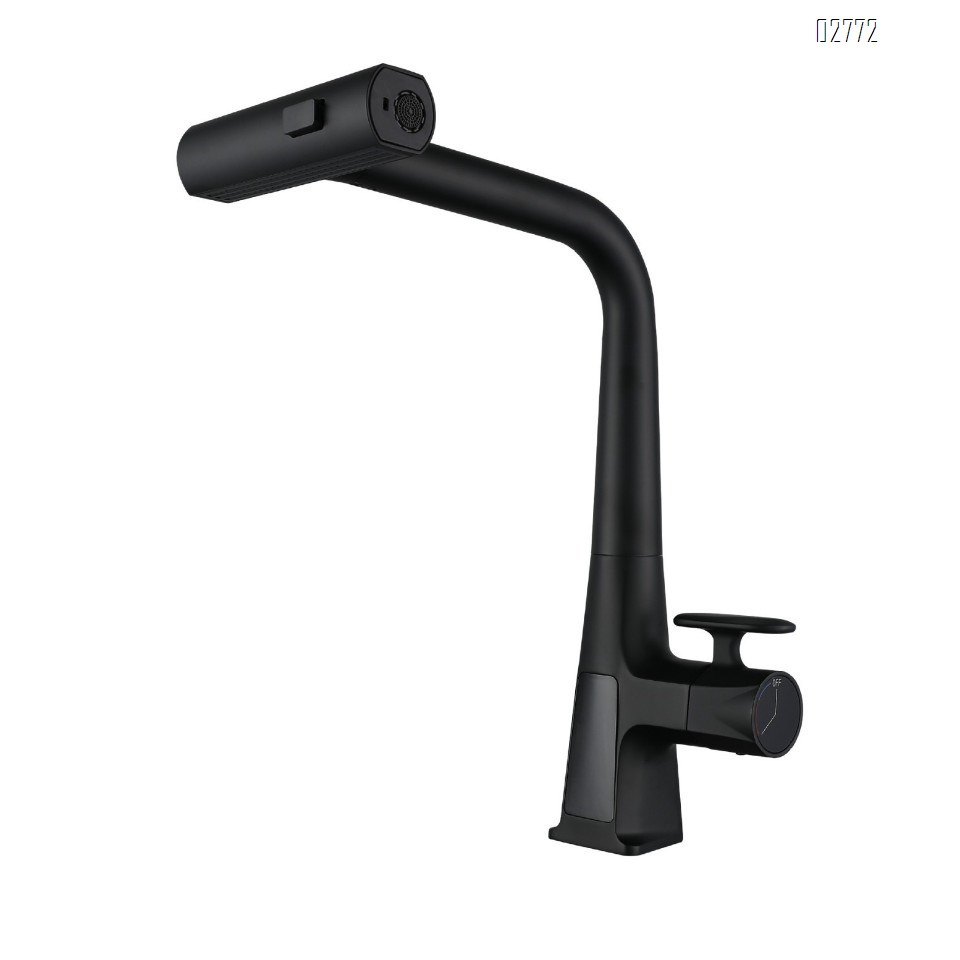 Digital display rain shower kitchen pull-out faucet gun grey cold and hot water mixed kitchen faucet