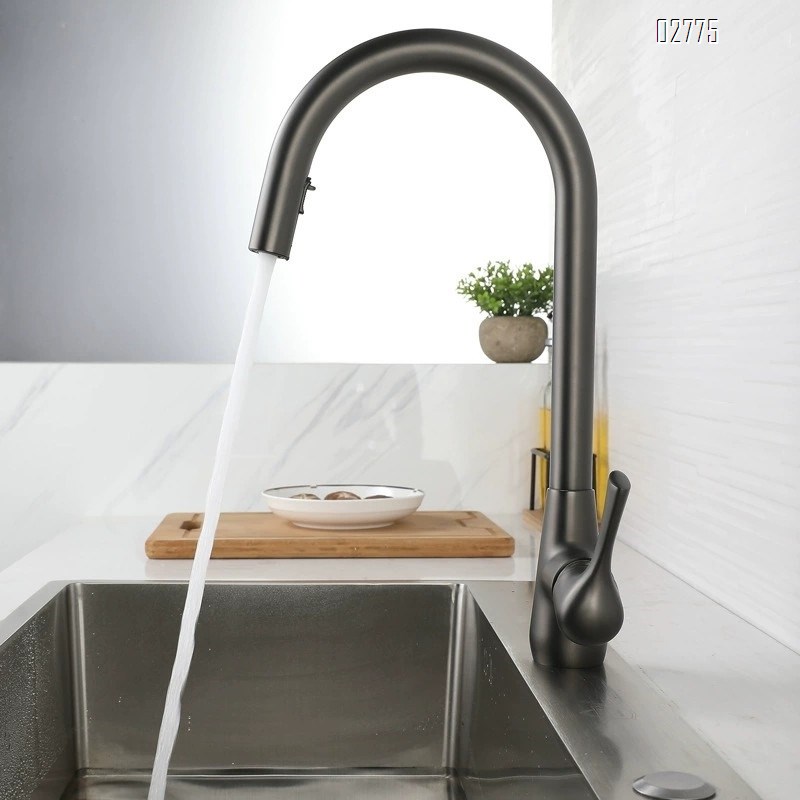 Zinc Alloy Pull-down kitchen faucet in gunmetal gray home water sink with rotatable cold and hot Brushed finish tap