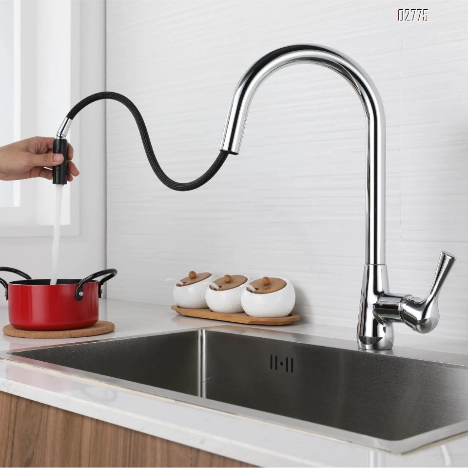 Zinc Alloy Pull-down kitchen faucet in gunmetal gray home water sink with rotatable cold and hot Brushed finish tap