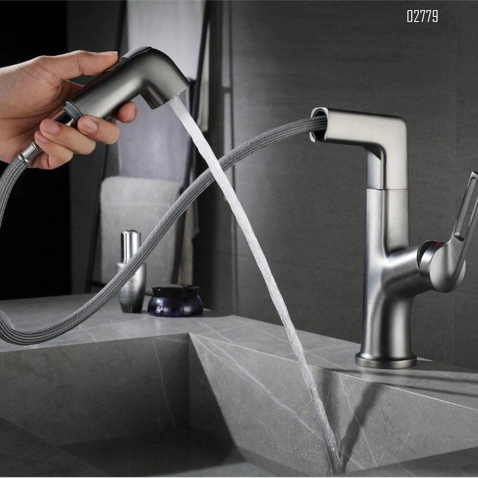 Zinc Alloy Pull-out multi-functional lifting faucet cold and hot faucet bathroom gunmetal gray wash basin Chrome finishied faucet